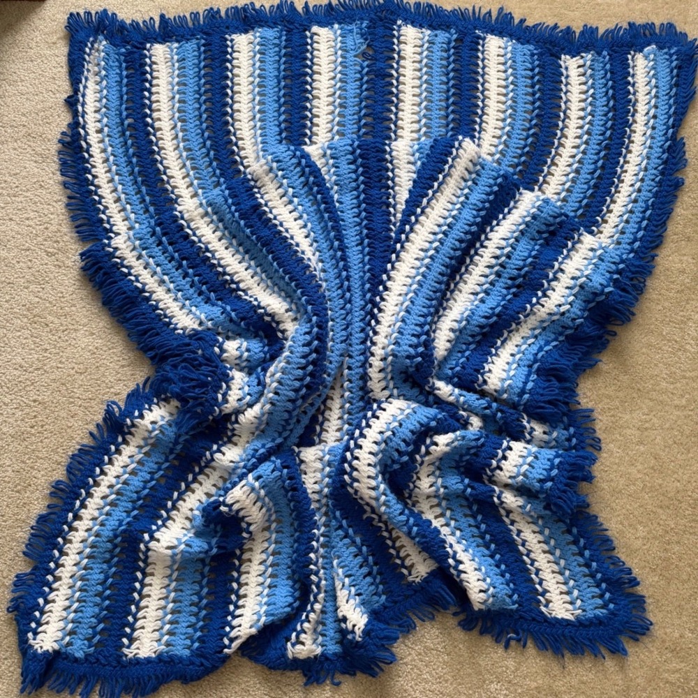 Handmade Crochet Afghan Blanket Blue White Striped Fringe Throw 97x47